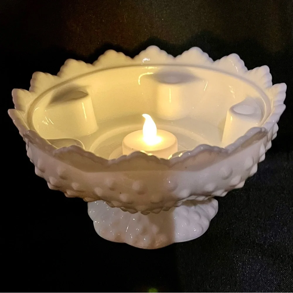Fenton White Hobnail Milk Glass 6-Candle Holder Centerpiece Bowl Pedestal OG Tag